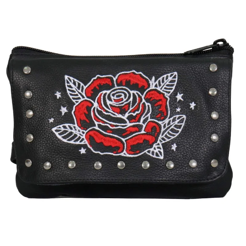 Comfortable Fashion Looks Hot Leathers CPE2103 Embroidered Clip Pouch Purse with Rose and Stars
