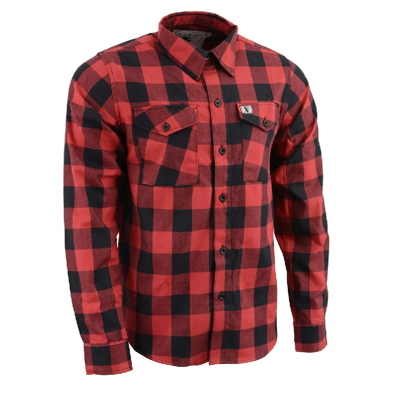 Fashionable Comfort Milwaukee Leather Men's Flannel Plaid Shirt Black and Red Long Sleeve Cotton Button Down Shirt MNG11631
