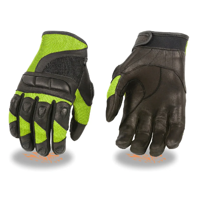 Sports Trend Xelement Leather XG7740 Women's Black Leather and Neon Green Mesh Racing Motorcycle Gloves W/ Padded Knuckle and Fingers
