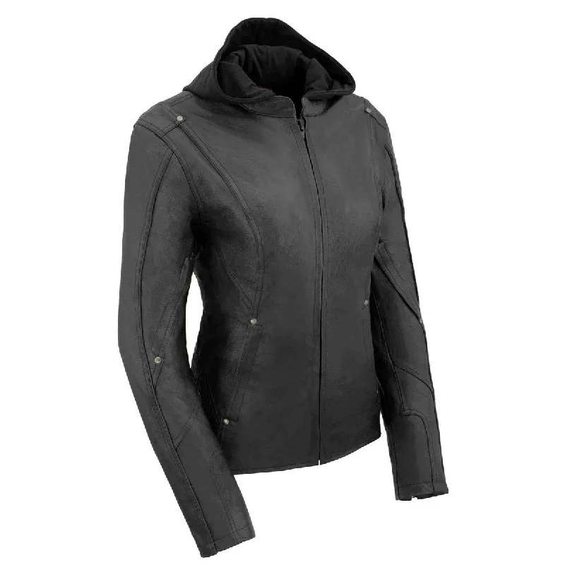 British Style Milwaukee Leather MLL2555 Women's Black 3/4 Hooded Leather Jacket with Side Stretch
