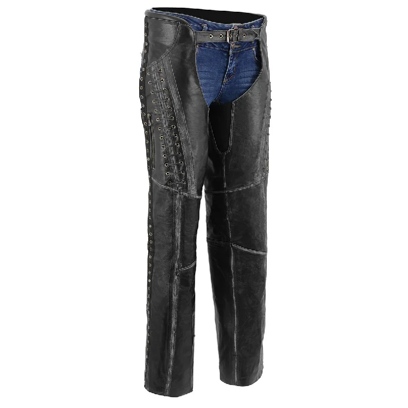 Exclusive Customization Milwaukee Leather Premium Black Leather Motorcycle Chaps for Women w/ Rubbed Seams-Lace Detail MLL6526