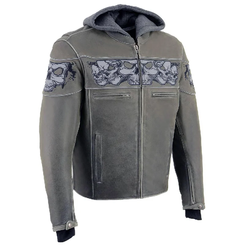 Free Design Milwaukee Leather MLM1562 Men's Distressed Grey Leather Jacket with Reflective Skulls