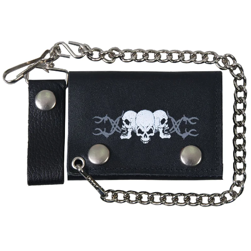 Cozy Look Hot Leathers WLB1014 Barbed Wire Skulls Black Leather Bi-Fold Wallet with Chain