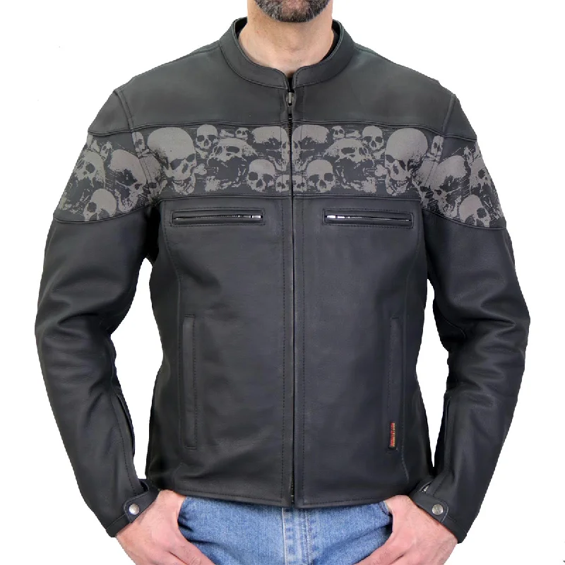Sporty Wear Hot Leathers JKM2002 Men’s Black ‘Reflective Skull' Printed Leather Jacket with Concealed Carry Pockets