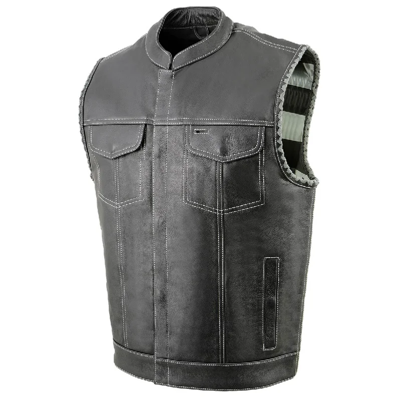 Simple Elegance Milwaukee Leather MLM3507 Men's Old Glory Black Premium Leather Club Style Vest w/ Grey Stitching Laced Armholes
