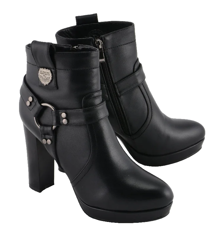 Luxury Customization Milwaukee Leather MBL9432 Women's Black Harness Ankle Fashion Boots with Block Heel