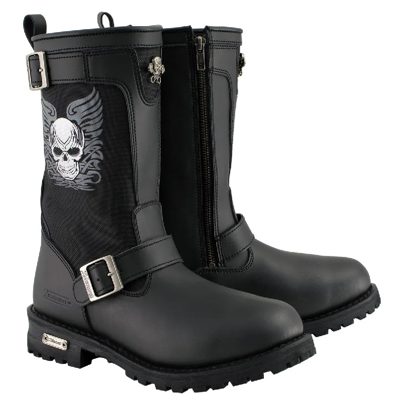 Youthful Xelement X19405 Men's Black Tribal Skull Leather Motorcycle Boots with Poron Cushion Insoles
