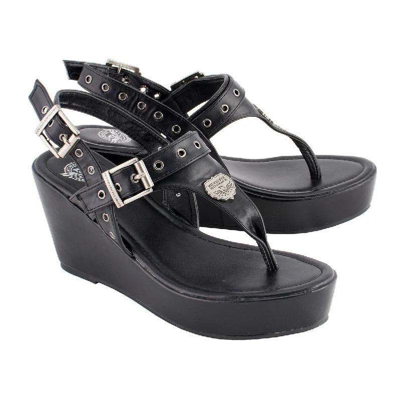 Relaxed Fashion Milwaukee Leather MBL9411 Women's Black Wedge Fashion Casual Sandals with Buckled Straps