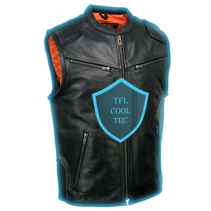 Editorial Design Milwaukee Leather MLM3502 Men's Black Cool-Tec Leather Vest Front Zipper Motorcycle Rider Vest with Stand-Up Collar