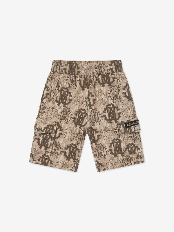 Luxury Temperament Roberto Cavalli Boys Monogram Bermuda Shorts in Brown