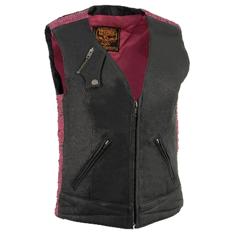 Comfortable Design Milwaukee Leather MLL4571 Women's Black and Pink Lightweight Motorcycle Leather Vest w/ Crinkled Leather Design