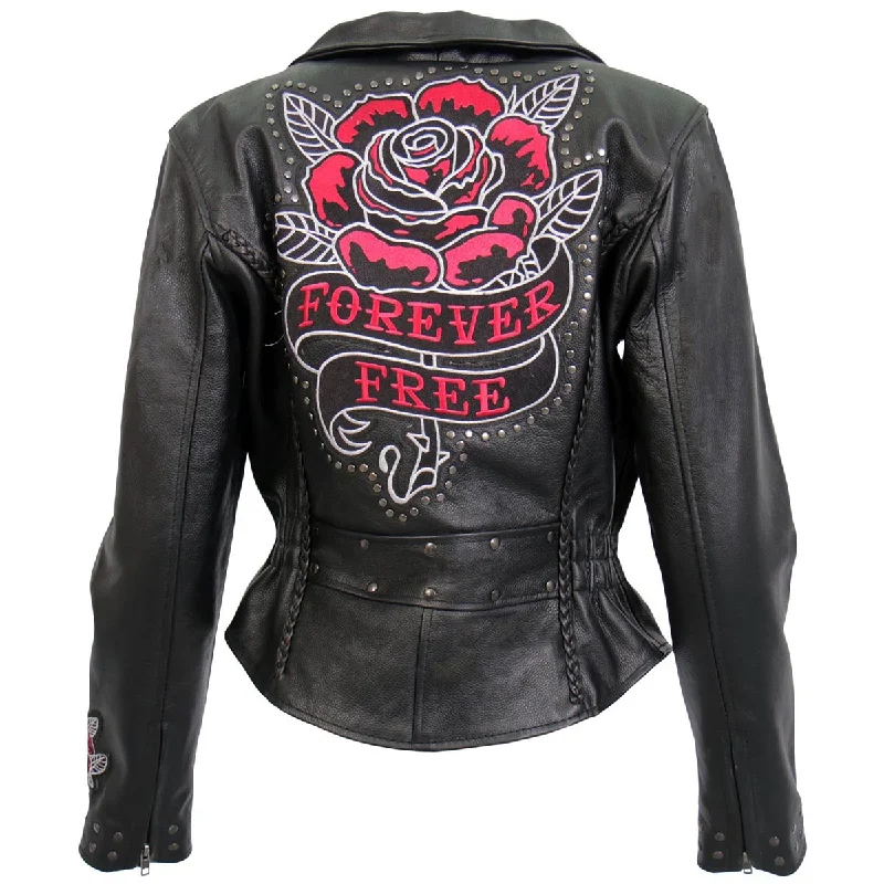 Cozy Lounge Wear Hot Leathers JKL2001 Women's Black 'Embroidered Bling Rose Design' Braided Motorcycle Leather Jacket