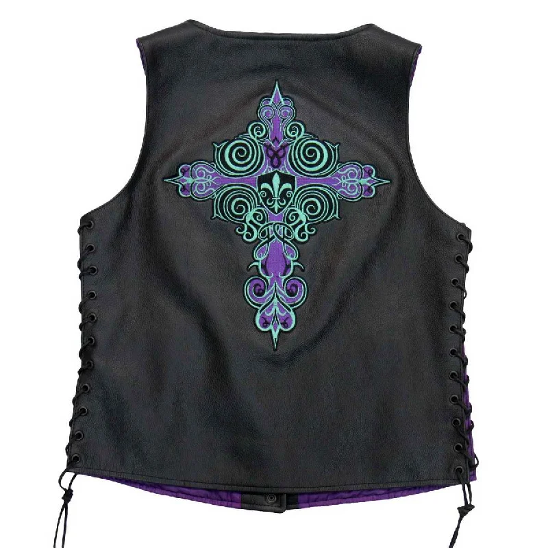 Comfortable Tops Hot Leathers VSL2001 Ladies Black 'Fleur De Lis Cross' Leather Vest
