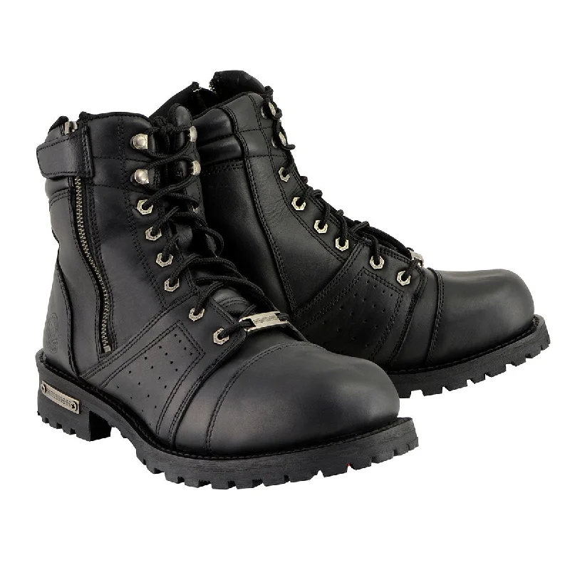 Integrated Design Milwaukee Leather Men's Black Lace-Up Wide-Width Motorcycle Leather Boots with Side Zipper Entry MBM9000W