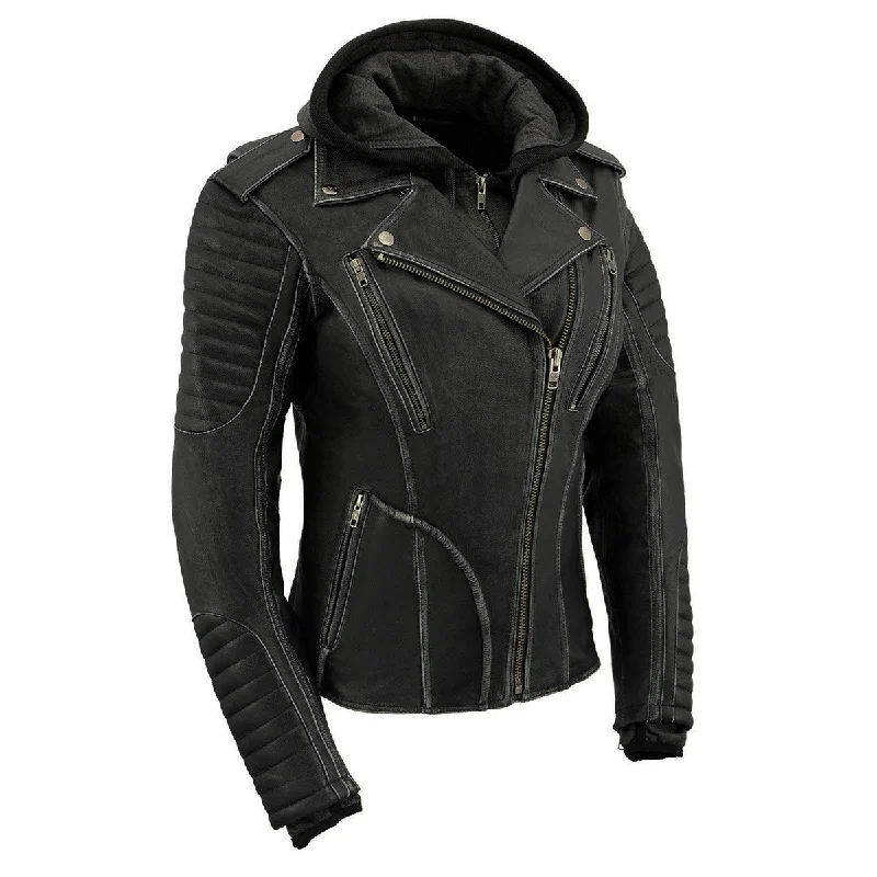Economic Outlook Milwaukee Leather MLL2516 Black Leather Rub-Off Leather Jacket with Hoodie for Women