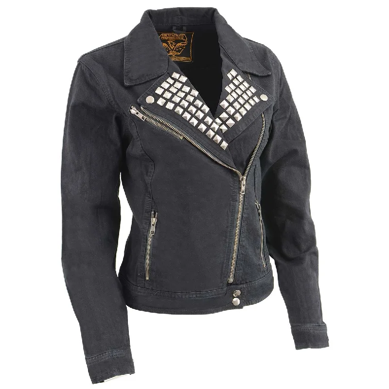 Elegant Casuals Milwaukee Leather MDL2000 Ladies Black Denim Jacket with Studded Spikes