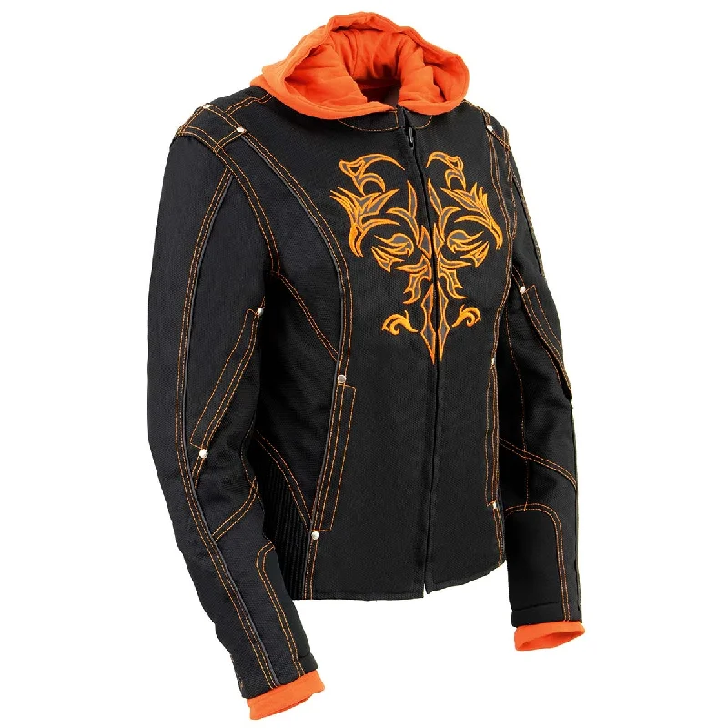 Relaxed And Casual NexGen SH1939 Women's 'Reflective Tribal' Orange and Black 3/4 Textile Vented Jacket
