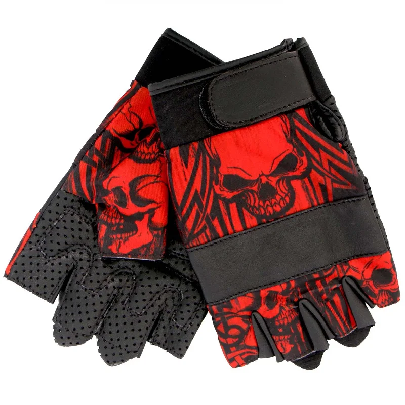 Comfortable Lounge Wear Hot Leathers GVM3010 Uni-Sex Black 'Red Skull' Fingerless Leather Gloves