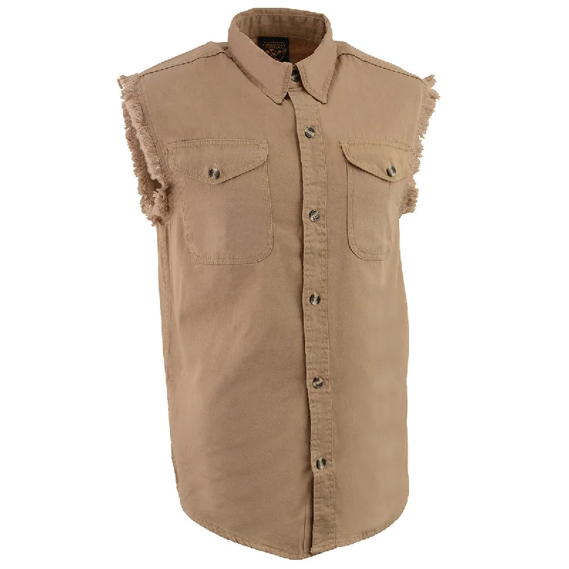 Summer Selection Milwaukee Leather DM4005 Men's Beige Lightweight Denim Shirt with Frayed Cut Off Sleeveless