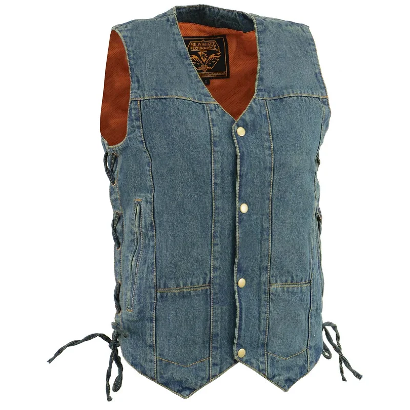 Effortless Wear Milwaukee Leather DM1989 Men's Blue Denim '10 Pocket' Motorcycle Bikers Rider Vest with Side Laces
