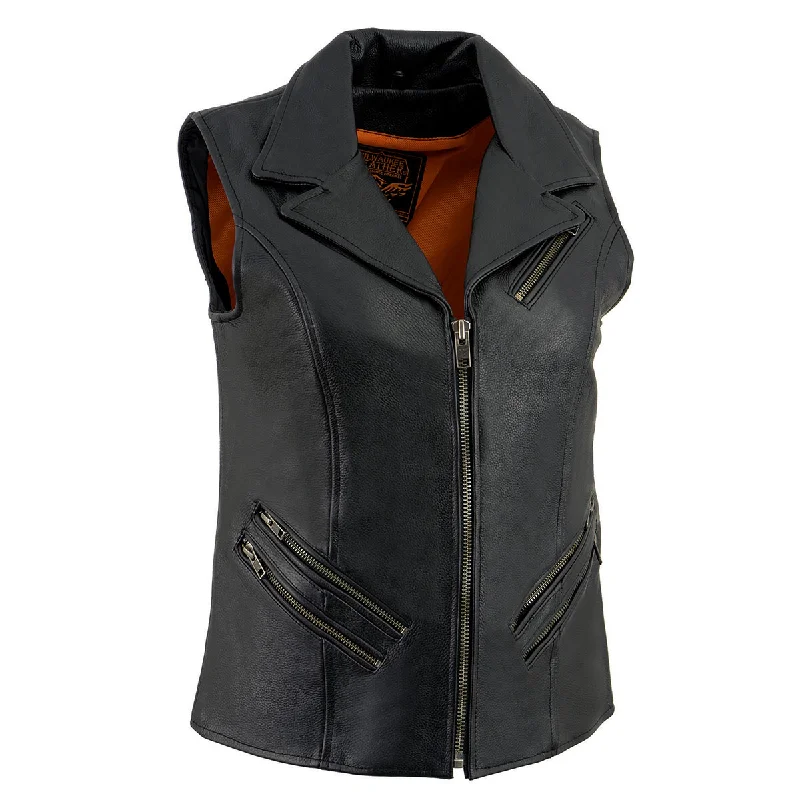 Comfortable Sweaters Milwaukee Leather MLL4521 Ladies Black Long Leather Vest with MC Lapel Collar