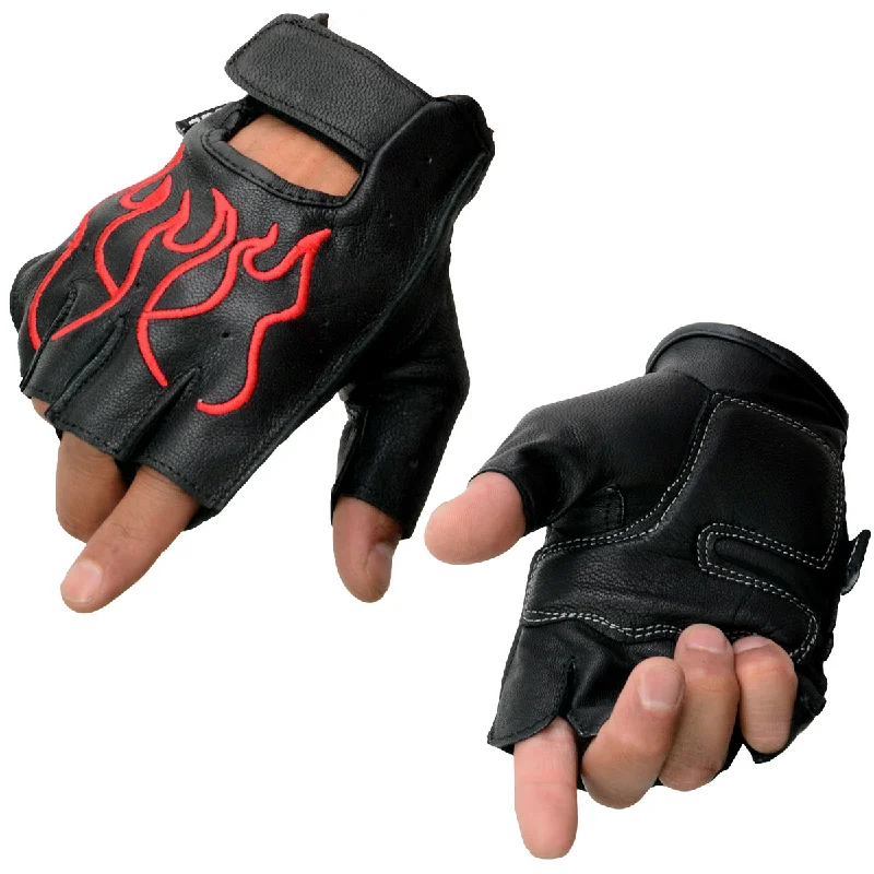 Layered Comfort Xelement XG198 Men's Embroidered 'Flamed' Fingerless Black and Red Motorcycle Leather Gloves