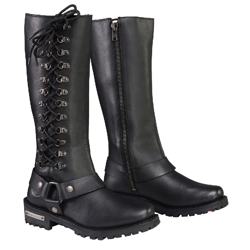 Urban Design Sense Milwaukee Leather MBL9365 Women's Classic Black Leather 14-Inch Harness Square Toe Tall Motorcycle Boots