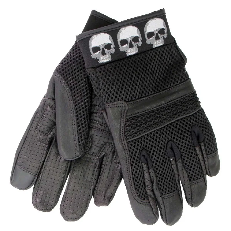 Chic Comfort Wear Hot Leathers GVM1301 Uni-Sex Black 'Row of Skulls' Leather and Mesh Gloves with i-Touch Screen