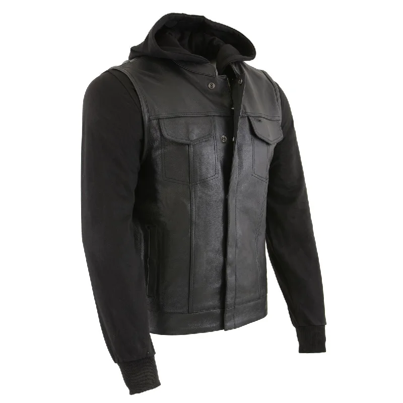 Effortless Dressing Milwaukee Leather LKM3714 Men's Black Club Style '2 in 1' Zipper Vest with Full Sleeve Hoodie and Quick Draw Pocket