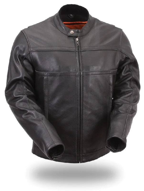 Stretch Design First Manufacturing FIM260NOCZ Men's Black Leather Scooter Jacket with Reflective Piping Stretch Design First Manufacturing FIM260NOCZ Men's Black Leather Scooter Jacket with Reflective Piping