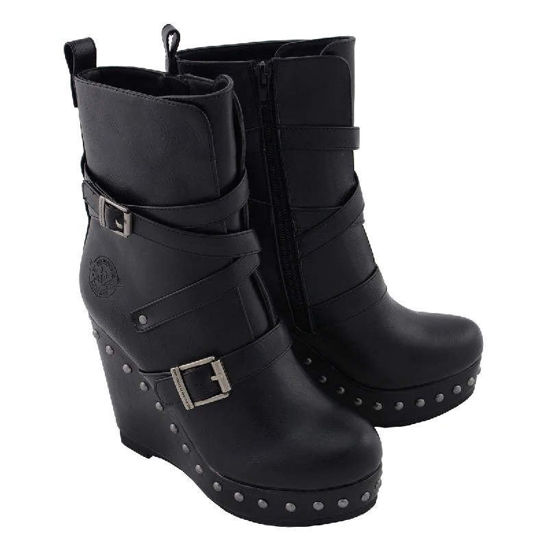 Easygoing Style Milwaukee Leather Women's Black Triple Strap Fashion Boots with Platform Wedge MBL9437