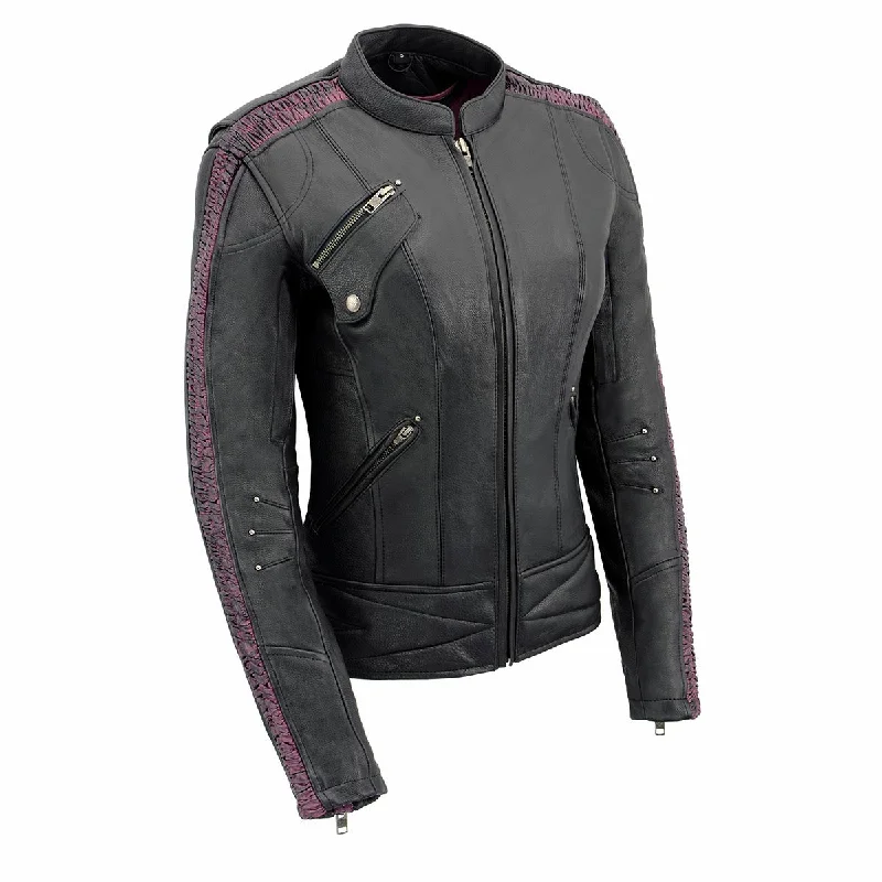 Light Comfort Milwaukee Leather MLL2570 Women's 'Phoenix Embroidered' Black and Purple Motorcycle Leather Jacket