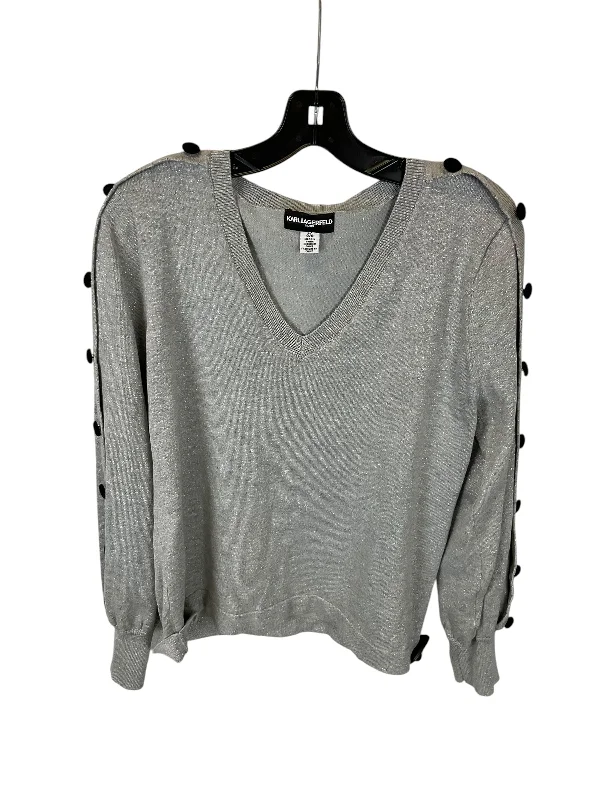 Tropical Style Top Long Sleeve Designer By Karl Lagerfeld In Grey, Size: L