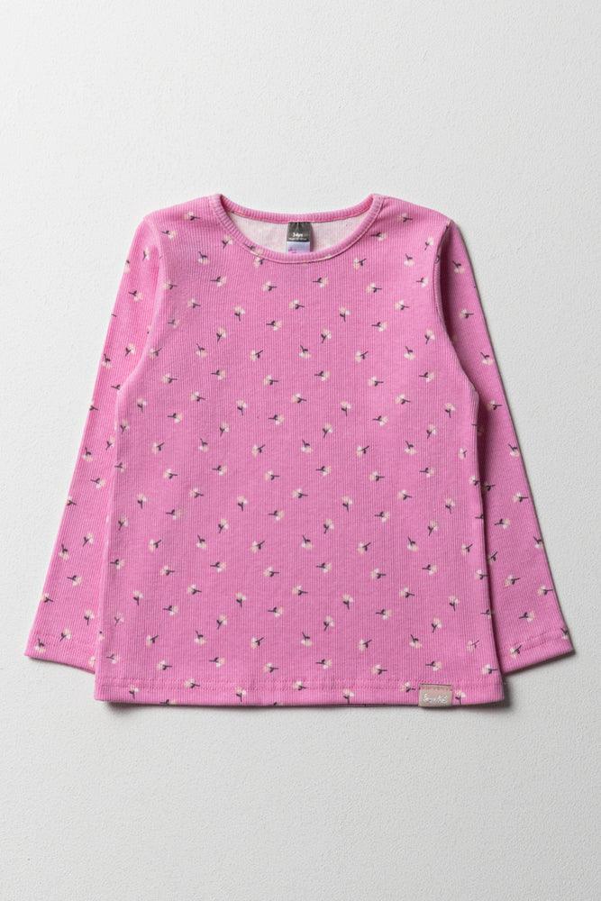 Casual Style Floral Rib Long Sleeve T-Shirt Bright Pink