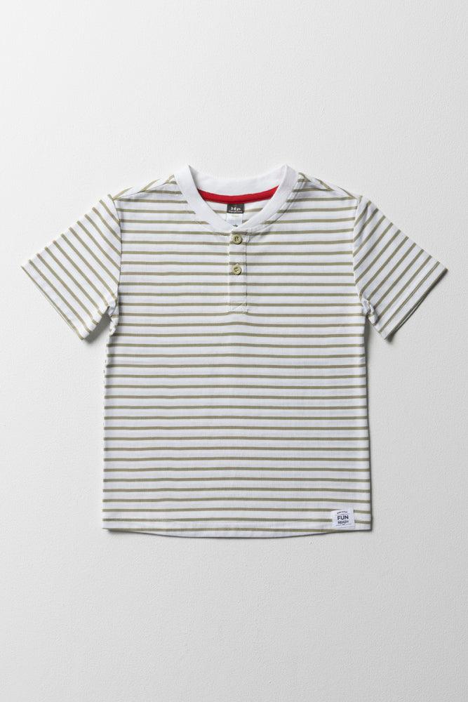 Comfortable Sweaters Henley Stripe Short Sleeve T-Shirt Green & White