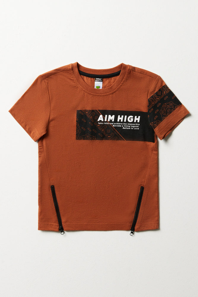 Everyday Chic Zipper Short Sleeve T-Shirt Brown