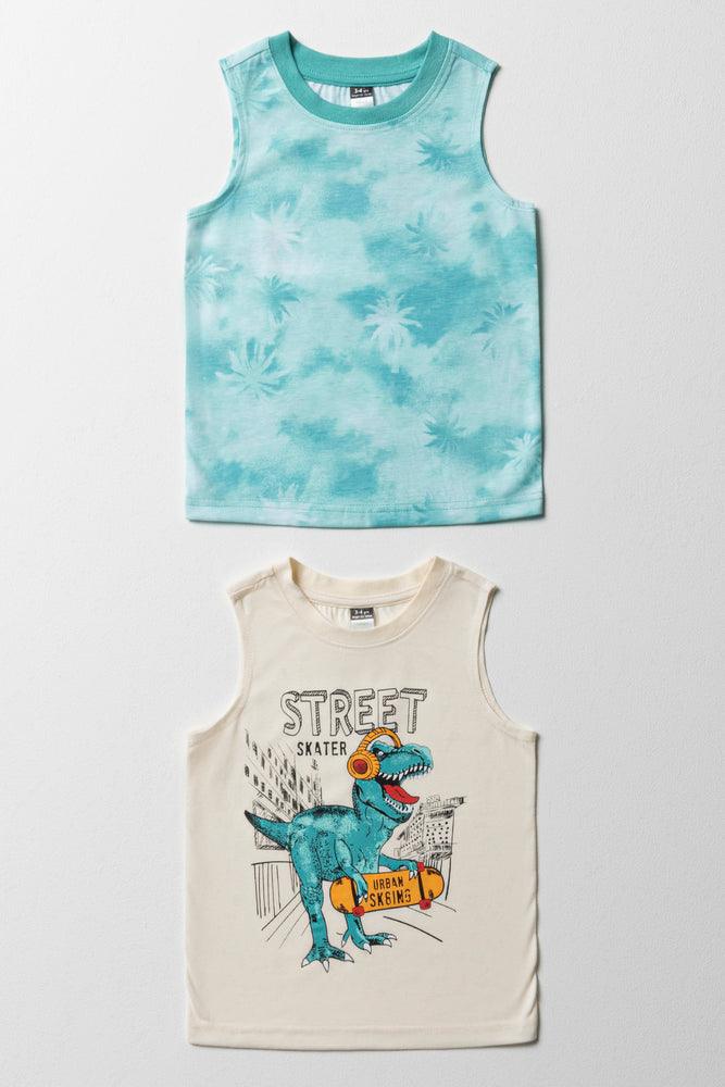Minimal Comfort 2 Pack Dinosaur Sleeveless T-Shirts Aqua & Cream