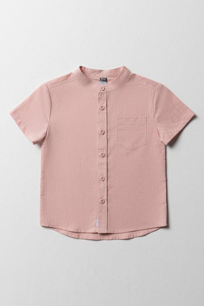 Exquisite Craftsmanship Linen Short Sleeve Mandarin Shirt Dusty Pink