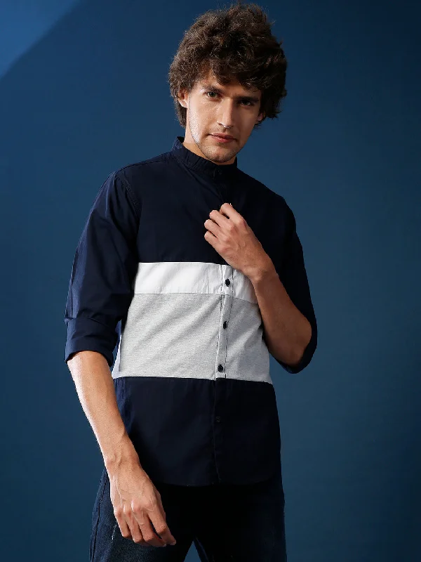 Carefree Style Campus Sutra Men Color Block Casual Mandarin Shirt