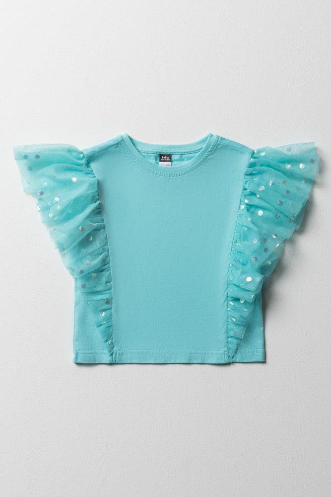 Relaxed Fashion Mesh Frill Sleeve Top Turquoise