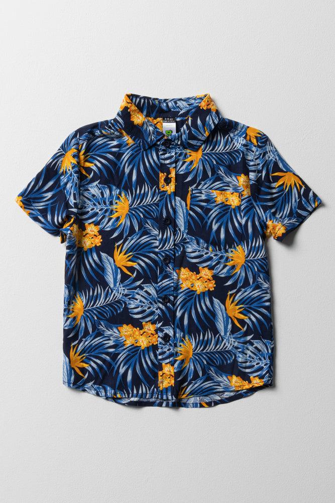 Elegant Comfort Tropical Short Sleeve Shirt Navy