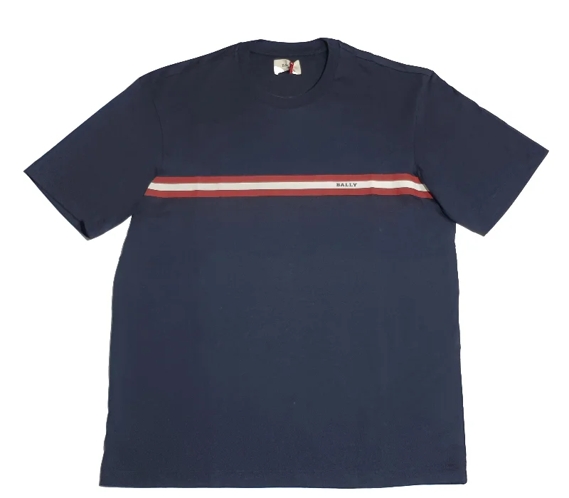 Comfy Pants Bally 6233735 Men's Navy Blue 100% Cotton Striped Logo T-Shirt