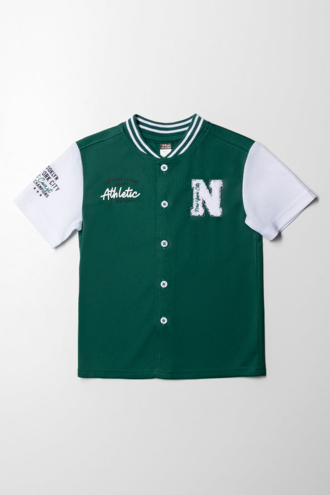 European And American Style Baseball Button Through T-Shirt Green & White