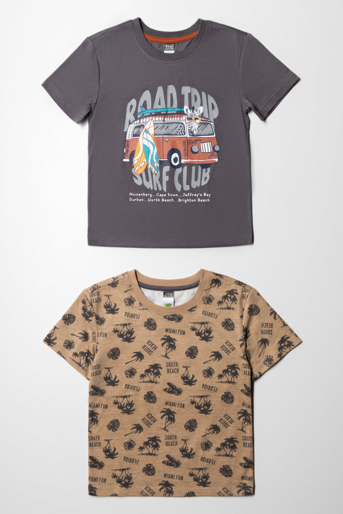 Denim Design 2 Pack Road Trip T-Shirts Charcoal & Stone