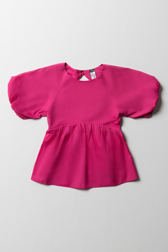 Noble Temperament Peplum Puff Sleeve Top Pink