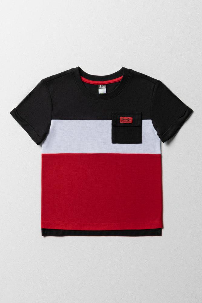 Embroidery Design Colourblock Short Sleeve T-Shirt Navy & Red