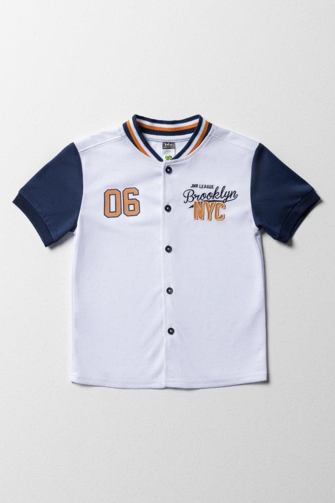 Casual Chic Wear Baseball Button Through Short Sleeve T-Shirt White & Navy