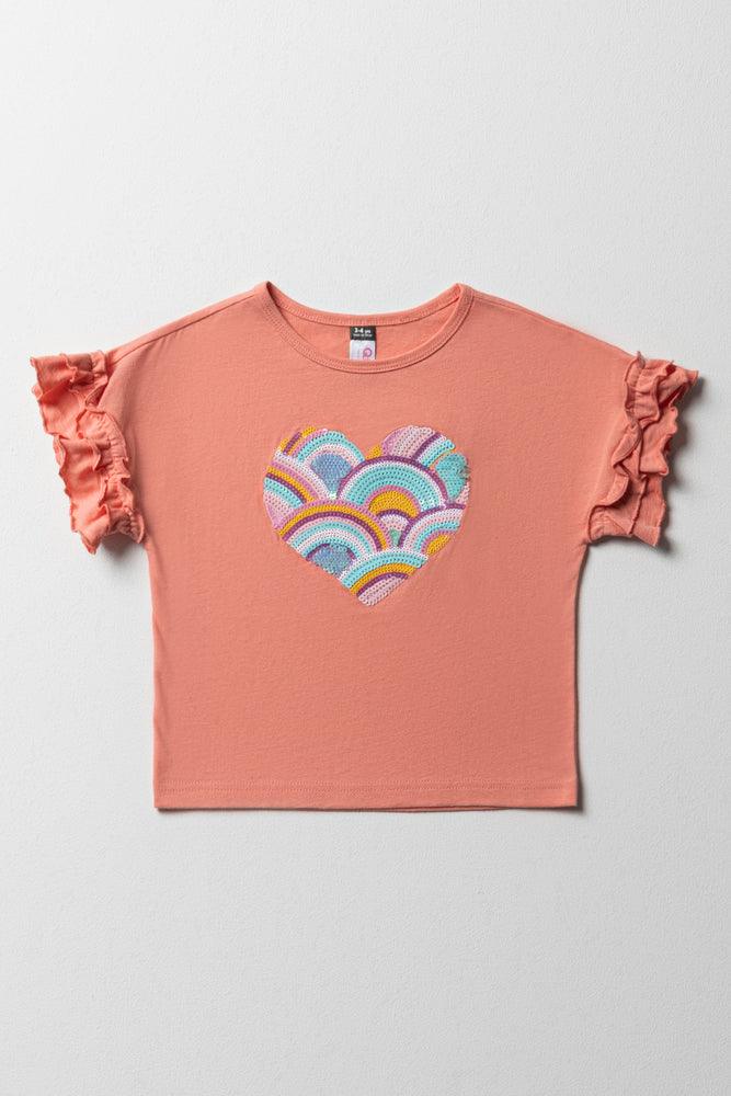 Easy Style Heart Sequin T-Shirt Peach
