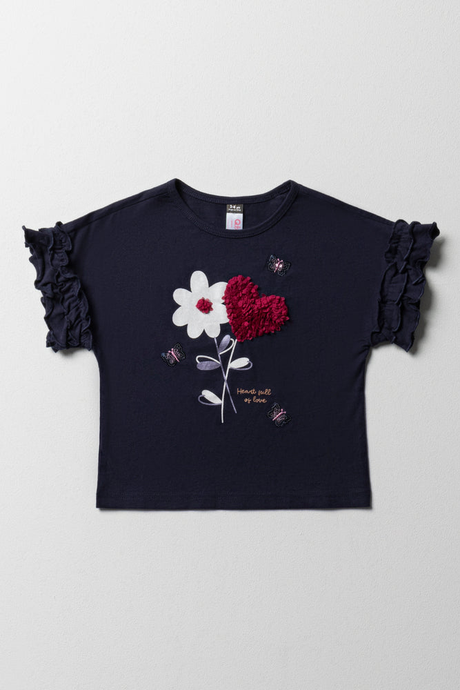 Soft Trends Heart Flower Frill Sleeve T-Shirt Dark Navy