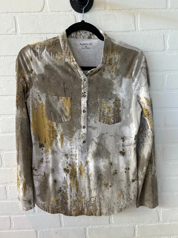 Effortless Style Top Long Sleeve By Relativity In Brown & Yellow, Size: M
